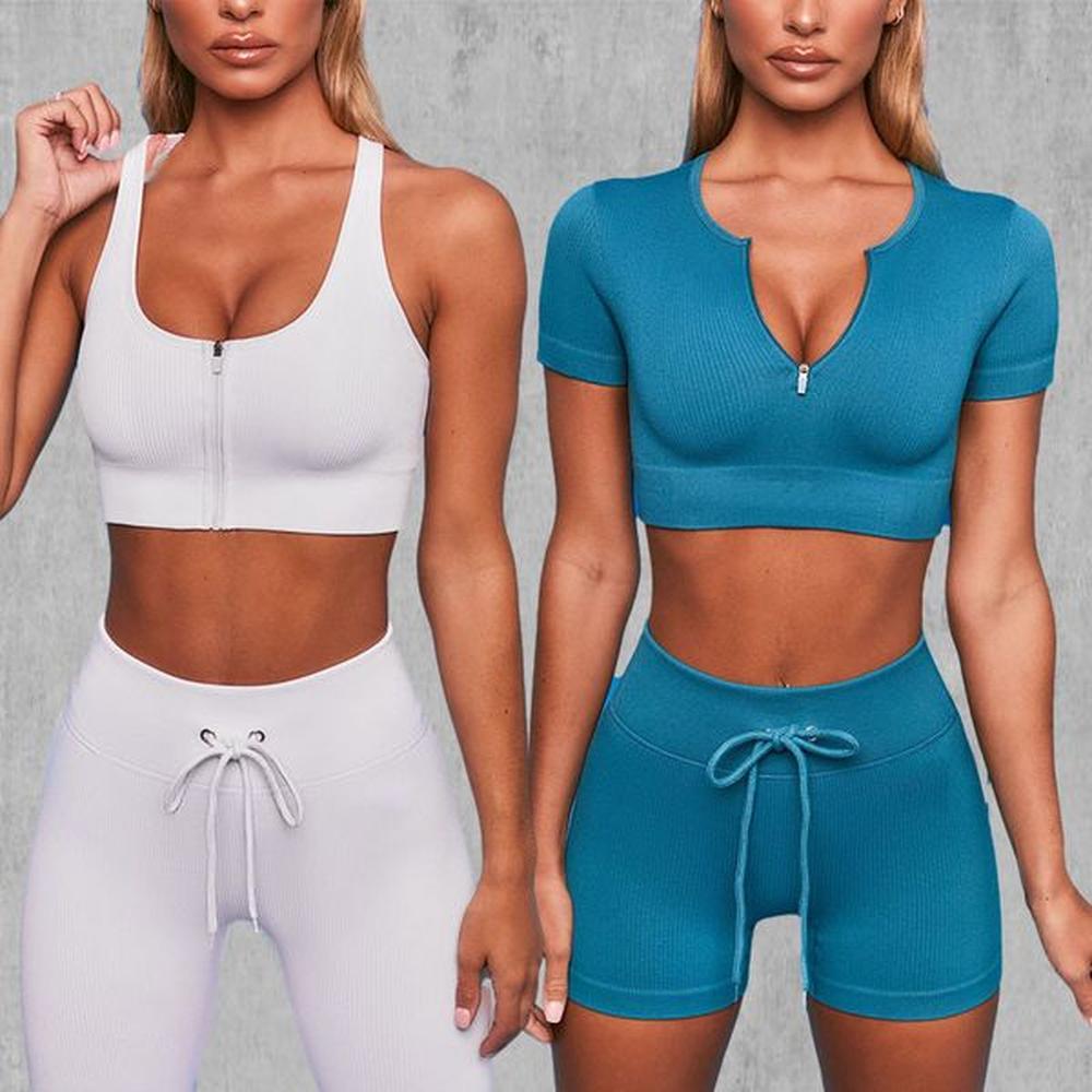 zipper yoga suit bra high waist shorts fitness sports seamless