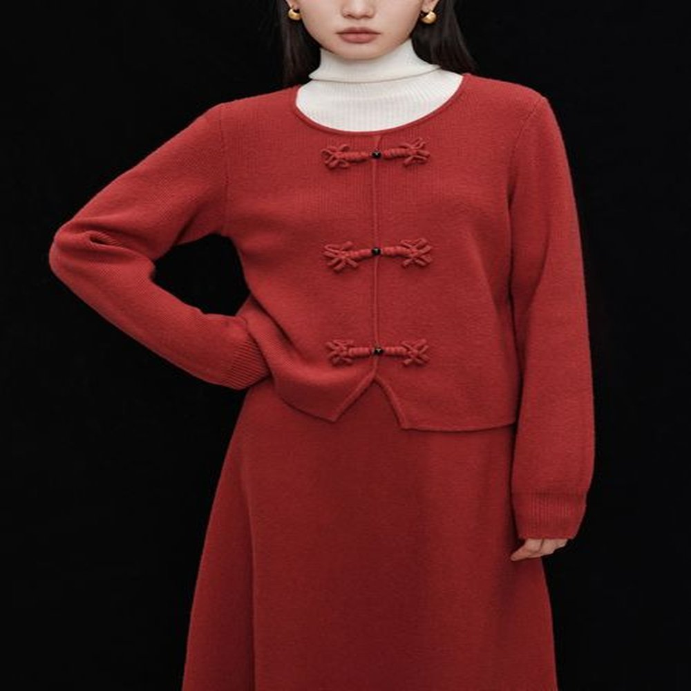 ziqiao petite size chinese red knitted shirt half skirt set