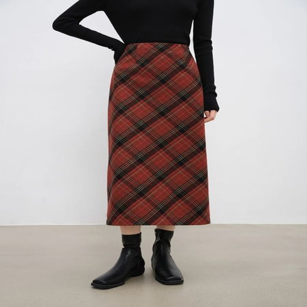 ziqiao petite size retro red plaid straight tube skirt for