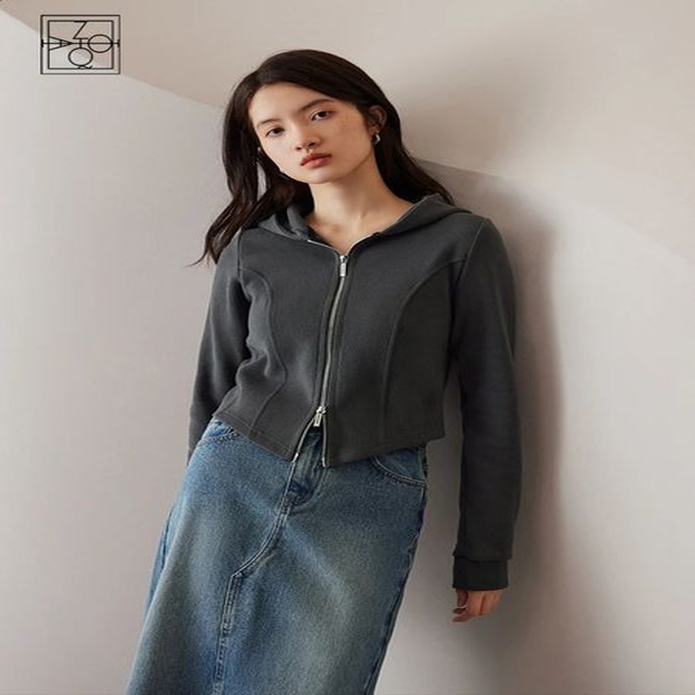 ziqiao women autumn dark grey hoodies double zip female cropped