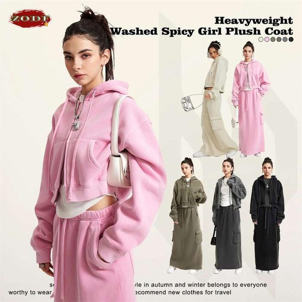zodf retro winter women short zipper hoodies female girls